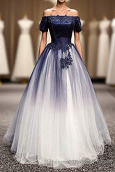 Modest Royal Blue Long Flowy Evening Semi Formal Prom Dresses With Lace Appliques